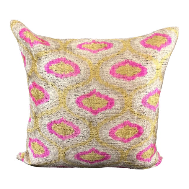 Pink and Golden Yellow Velvet Ikat Pillow Cover For Sale