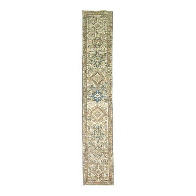 Late 20th Century Narrow Rustic Persian Heriz Runner Ivory Brown Blue Tones For Sale