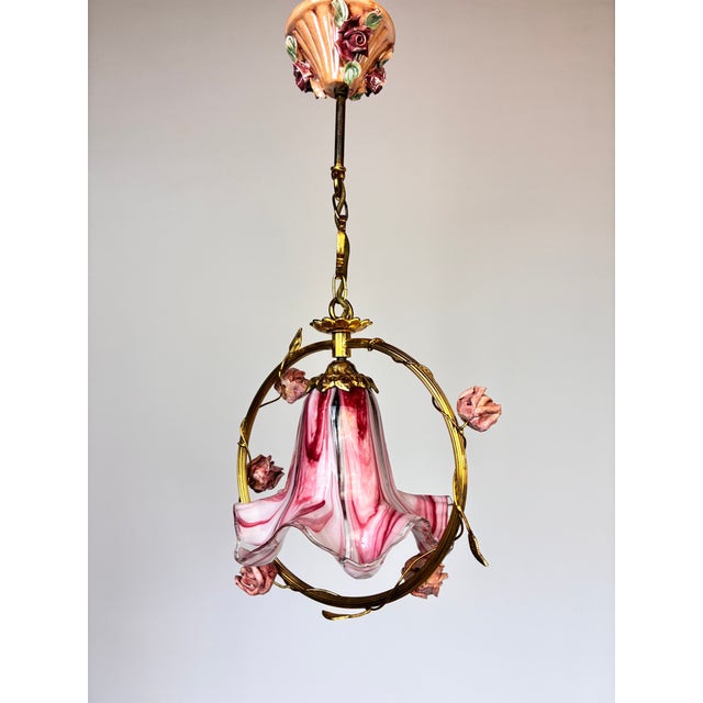 ⁠1970s Vintage Italian Pink Murano Ruffled Glass and Ceramic Rose Chandelier⁠ For Sale - Image 13 of 17