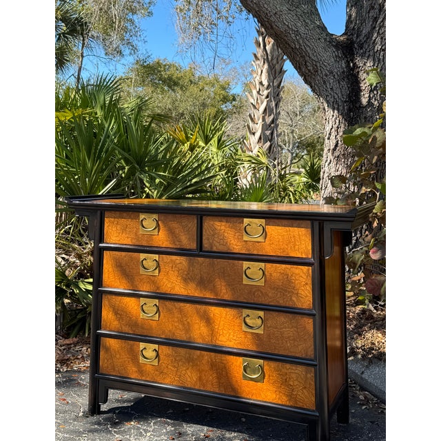 Hollywood Regency 1970s Raymond K. Sobota for Century Chin Hua Burlwood Campaign Chest – Hollywood Regency Asian Inspired Dresser For Sale - Image 3 of 12