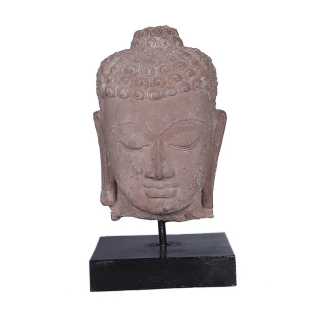 Asian Antique Early 20th Century Sandstone Buddha Head, Northern India For Sale - Image 3 of 5