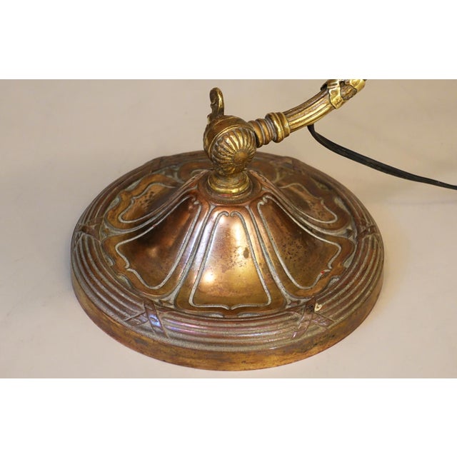1910s Art Nouveau Edward Miller Industrial Machine Age Elaborate Brass Slag Glass Articulating Desk Table Piano Lamp For Sale - Image 12 of 12