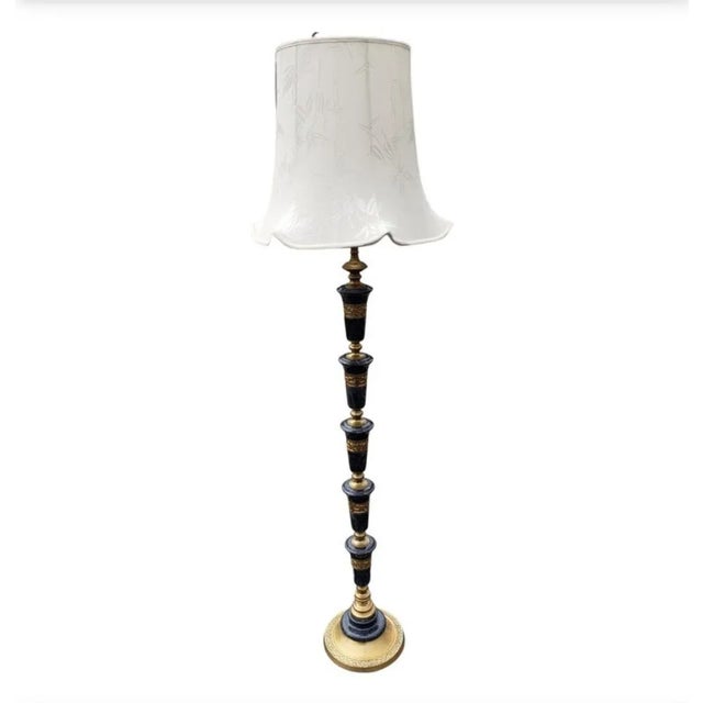 Mid-Century Frederick Cooper Asian Regency Marble and Brass Floor Lamp. Dark Grey bluish marble with a Asian motif...