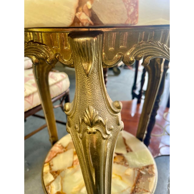 Hollywood Regency Vintage Hollywood Regency Brass Two-Tier Onyx Stone Mosaic Pedestal Table For Sale - Image 3 of 7