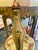 Hollywood Regency Vintage Hollywood Regency Brass Two-Tier Onyx Stone Mosaic Pedestal Table For Sale - Image 3 of 7