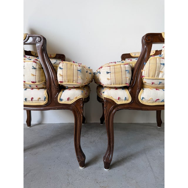 Vintage Louis XV Style French Provincial Walnut Upholstered Armchairs - A Pair For Sale - Image 15 of 17