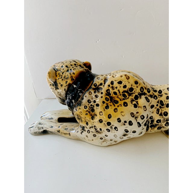Tan Large 1970 California Pottery Leopard Cat Sculpture, Glazed Ceramic Hollywood Regency Icon For Sale - Image 8 of 13