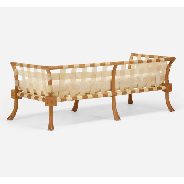 Rare T.H. Robsjohn Gibbings Bleached Walnut & Vellum Strap Sofa Settee For Sale In Palm Springs - Image 6 of 12