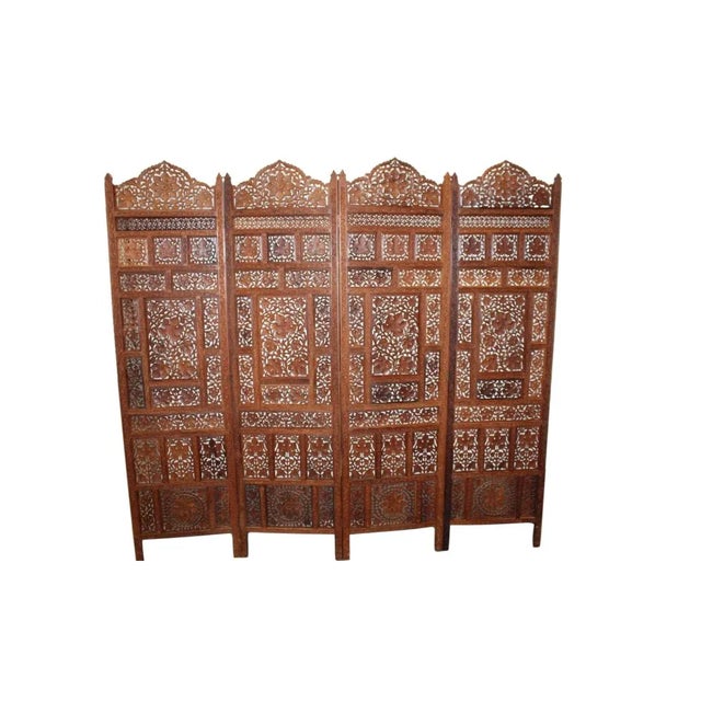 Mid 20th Century Four Panel Floor Screen, Teakwood W/ Intricately Carved Leaf & Grape Design For Sale - Image 5 of 5