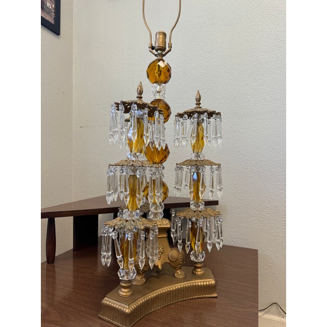Metal Loevsky & Loevsky 1960's Hollywood French Regency Tiered Brass Waterfall Crystal Prism Table Lamp For Sale - Image 7 of 9
