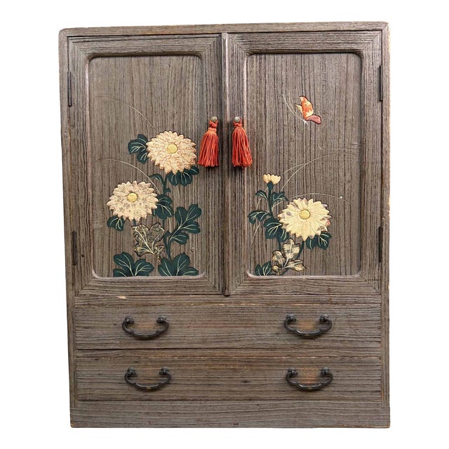 Vintage Tansu Storage Cabinet with Floral Decor, 1960s For Sale