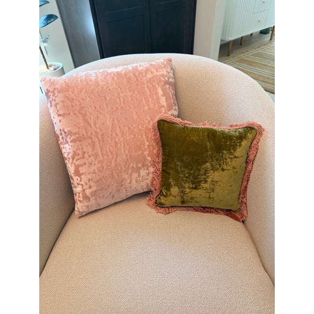 Anke Drechsel Olive Green Silk Velvet Pillow With Blush Fringe Trim For Sale In Charleston - Image 6 of 8