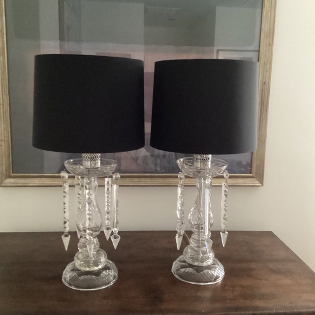 Hollywood Regency Vintage Pair of Large Crystal Lamps With Silk Drum Shades - Newly Rewired For Sale - Image 3 of 8