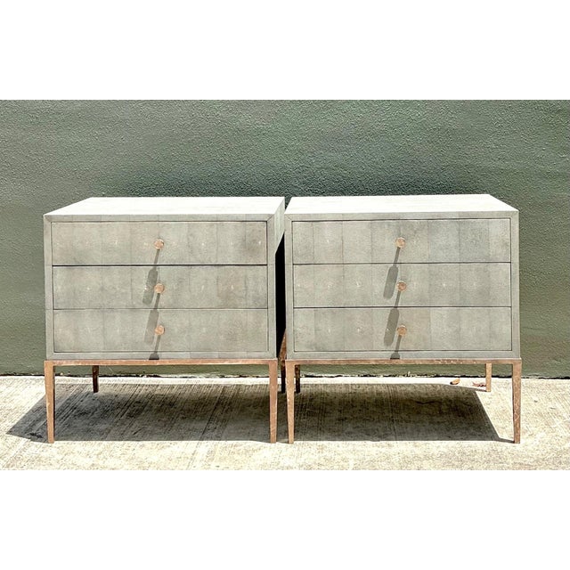 Early 21st Century Vintage Shagreen Nightstands on Brass Base - Pair For Sale - Image 5 of 14
