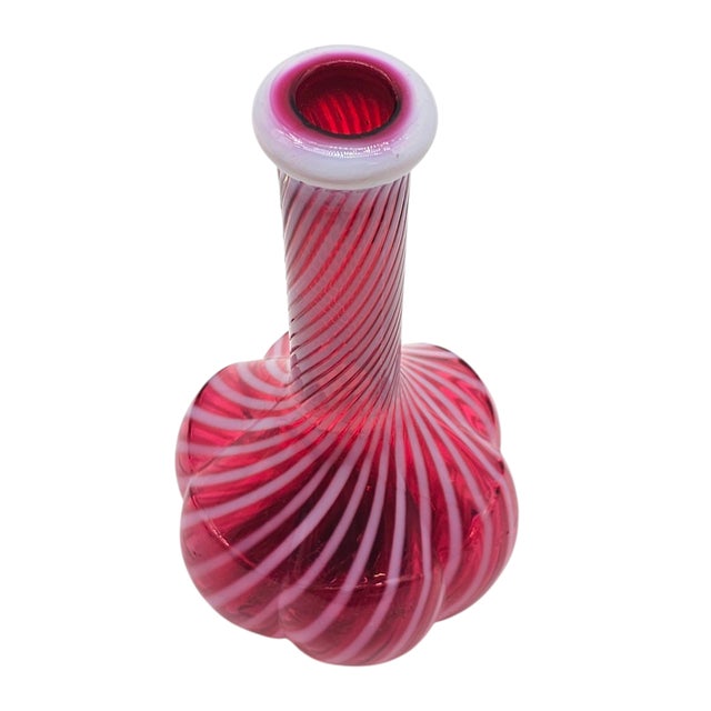 Early 20th Century Fenton Cranberry & White Striped Optic Glass Barber Bottle Vase – Vintage Handblown Art For Sale - Image 5 of 8