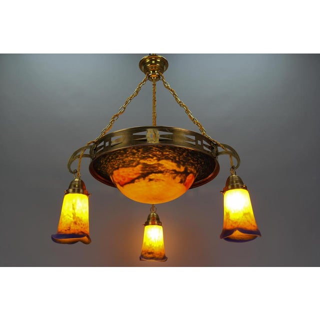 Art Nouveau French Brass Chandelier with Pâte De Verre Glass by Noverdy, 1920s For Sale - Image 18 of 18