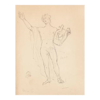 Unknown - Zither Player - Original Pencil Drawing 19th Century For Sale