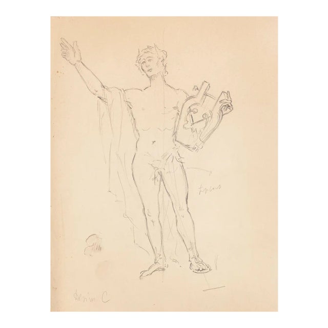 Unknown - Zither Player - Original Pencil Drawing 19th Century For Sale