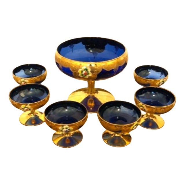 Vintage Venetian Tre-Fuochi Murano Dessert Set with Fruit Goblet and Coupes in Cobalt Blue and 24kt Gold-Plated Enamel, 1920s, Set of 7 For Sale