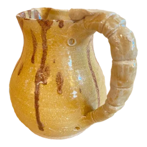 Late 20th Century Handmade Artisan Studio Pottery Yellow Brown Drip Glaze Stoneware Pitcher Jug, Signed Plumpottery G