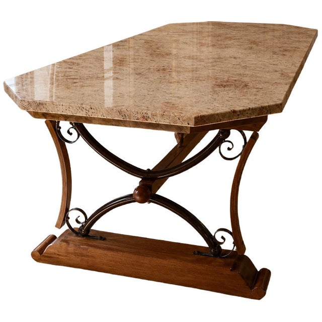 Stone Large Granite Dining Table on an Oak and Wrought Iron Base, 1950s For Sale - Image 7 of 7