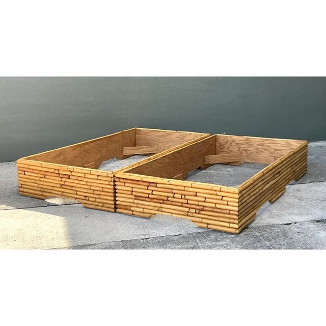 Camel Vintage Stacked Rattan King Bed Base - Pair For Sale - Image 8 of 12