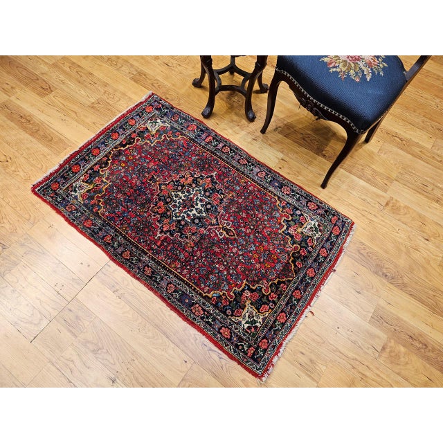 Vintage Persian Bidjar Rug, Hand-Knotted Wool, Geometric Medallion Pattern, Red & Navy, 3x4 For Sale - Image 16 of 16