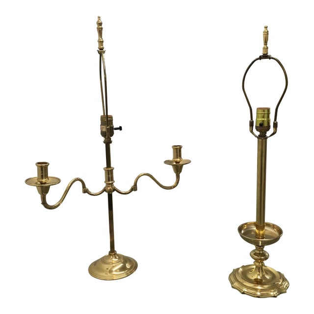 Vintage polished brass French style candlestick table lamps with bouillette tray, manner of Virginia Metalcrafters, circa...