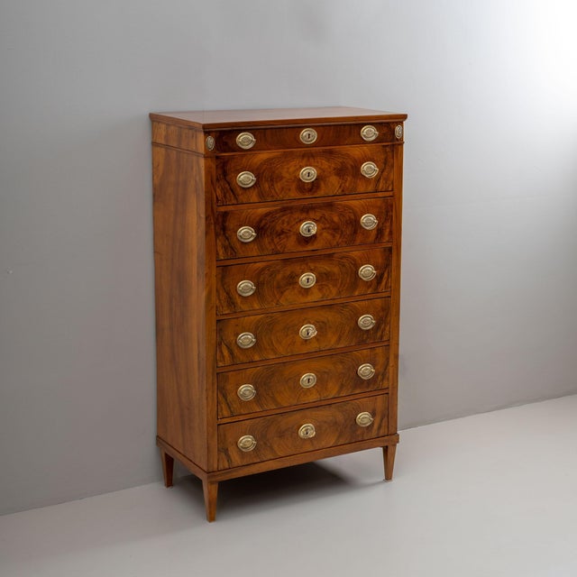 Elegant and slender Biedermeier tall chest from Vienna featuring seven drawers, with the top drawer crafted in a shallower...