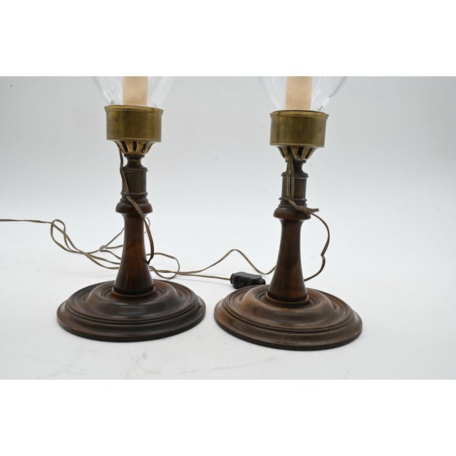 Brown Georgian Style Mahogany & Brass Candlestick Lamps With Hurricane Shades - A Pair For Sale - Image 8 of 18