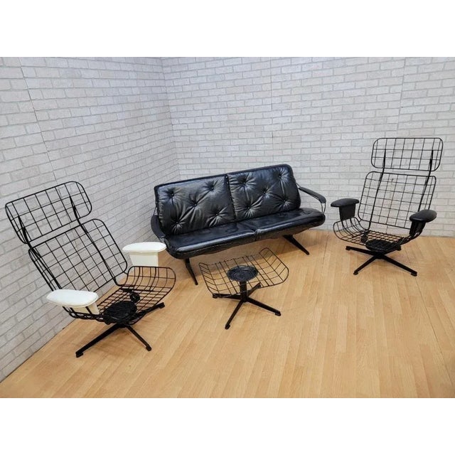 MCM Homecrest Black Wire 2 Swivel Lounges, Loveseat and Ottoman Newly Reupholstered For Sale - Image 10 of 11