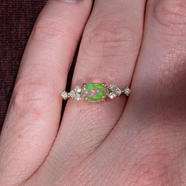 East West Opal Ring W Earth Mined Diamonds in Solid 14k Yellow Gold | Oval 8x6mm For Sale - Image 17 of 18