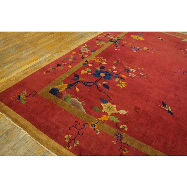 Stunning Red-Raspebery Background Color With Colorful Floral Design Antique Chinese Art Deco Rug For Sale - Image 9 of 10