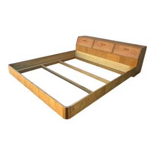 Henredon Scene Two Campaign King Bed Burlwood Oak Trunk Headboard Art Deco For Sale