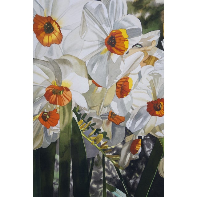 Late 20th Century Deborah Rubin "Daffodils" Botanical Still Life Watercolor Painting Framed 50" For Sale - Image 9 of 10