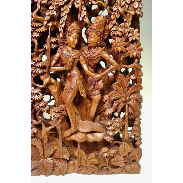 Asian Balinese Hand Carved Wood Sculptural Wall Panels, Rama & Sita From the Ramayana Epic Saga, Three Dimensional For Sale - Image 3 of 12