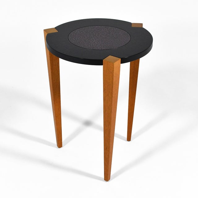 A playful post-modern design, this side table by Lee Weitzman is reductive in form, but also embraces surface decoration...