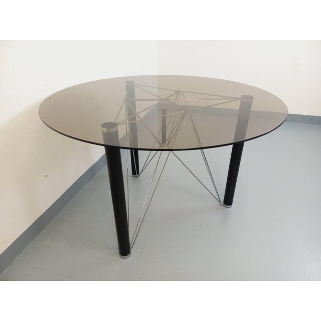Vintage Round Dining Table in Smoked Glass with Black Metal and Chrome Metal, 1980s For Sale - Image 6 of 18