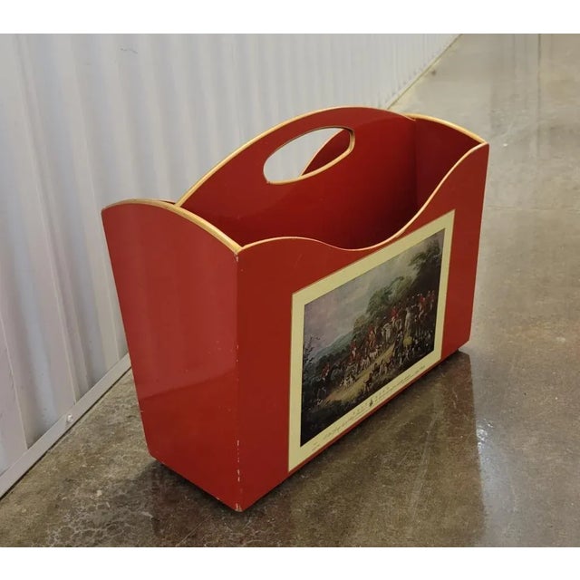 English Vintage English Brooks Brothers Red Magazine Rack With Hunt Scene For Sale - Image 3 of 7