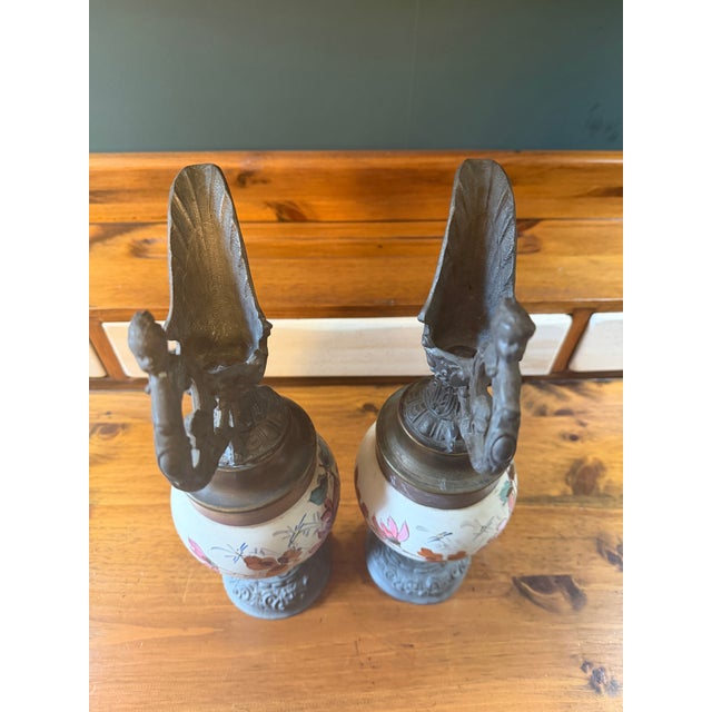 Statement Antique Victorian Spelter & Hand-Painted Ceramic Mantel Ewers - A Pair For Sale - Image 4 of 17