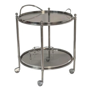 Polished Chrome Drinks Trolley or Bar Cart With Smoked Glass Trays From England For Sale