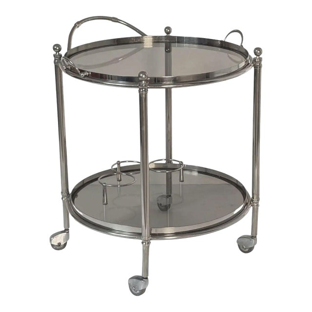 Polished Chrome Drinks Trolley or Bar Cart With Smoked Glass Trays From England For Sale