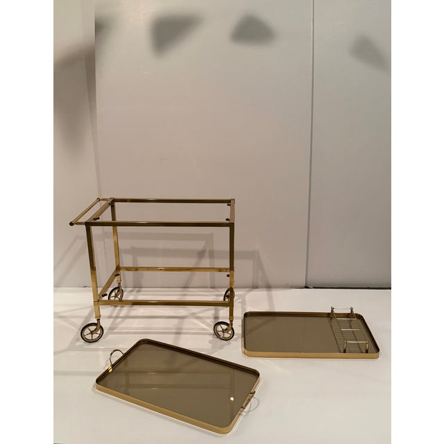 Brass and Tinted Glass Midcentury Modern Barcart For Sale In Philadelphia - Image 6 of 15