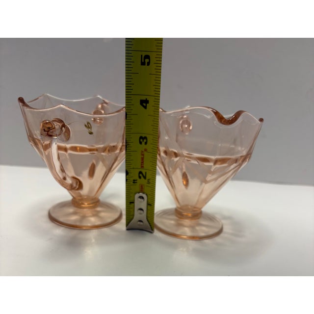 Hollywood Regency Art Deco Pink Etched Glass Cream and Sugar Set, Cambridge Style, C. 1930s - a Pair For Sale - Image 3 of 10