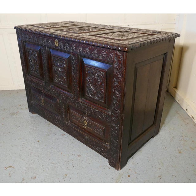 Wood Large Carved Oak Mule Chest in Green For Sale - Image 7 of 14