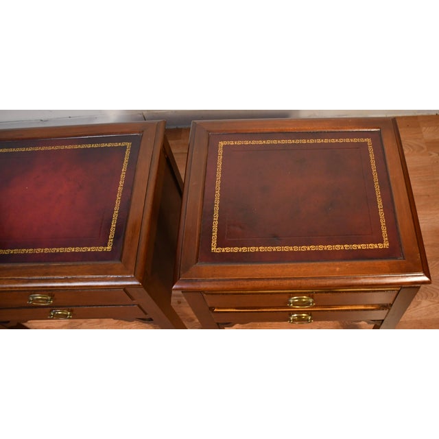 Wood 1940 Pair of Regency Style Mahogany Lather Top Night Stands Bedside Tables For Sale - Image 7 of 11
