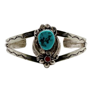 Mid 20th Century American Indian Silver, Turquoise and Coral Navajo Cuff Bracelet For Sale