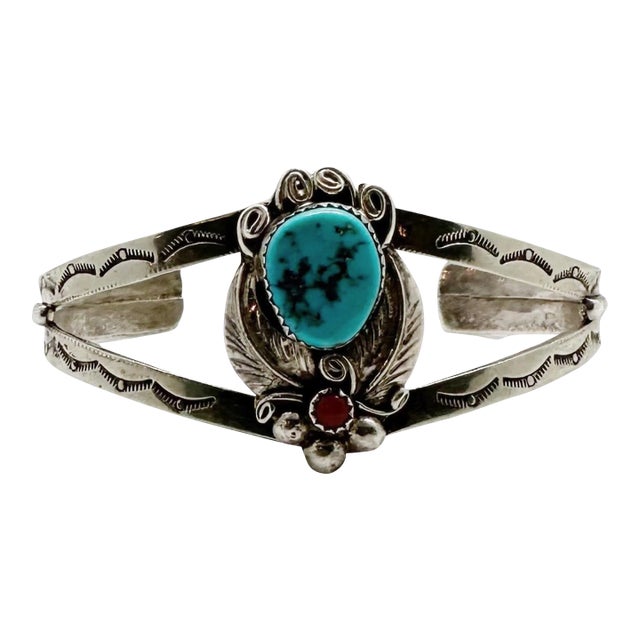 Mid 20th Century American Indian Silver, Turquoise and Coral Navajo Cuff Bracelet For Sale