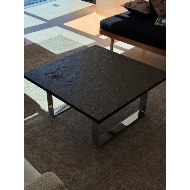 1970s Swabian Oil Shale & Chrome Coffee Table | 10" Ammonite Fossil | Original West German Provenance For Sale - Image 9 of 10