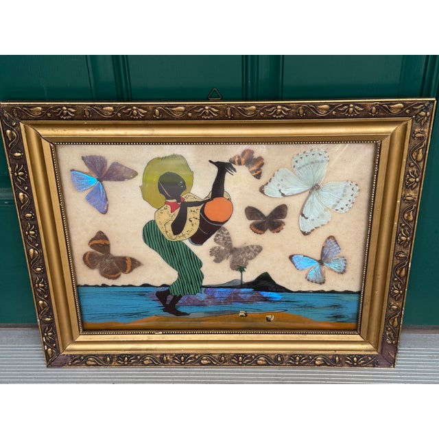 Vintage African Folk Art Iridescent Morpho Butterfly Wing Mosaic Made in Brazil For Sale - Image 4 of 15
